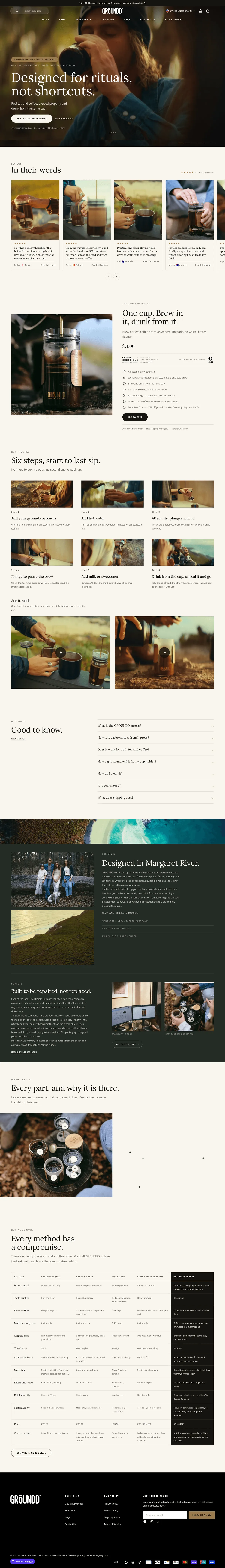 Live GROUNDD homepage showing the xpress brewing cup, customer reviews, the six step brew guide and the component anatomy
