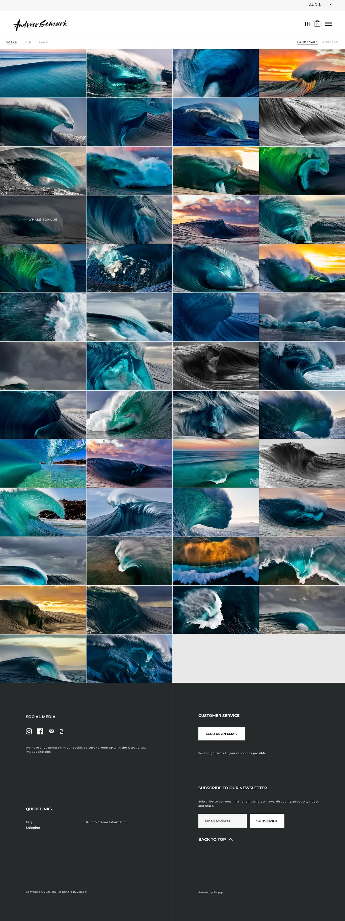 Live Andrew Semark ocean collection page, an edge to edge grid of fine art wave photography