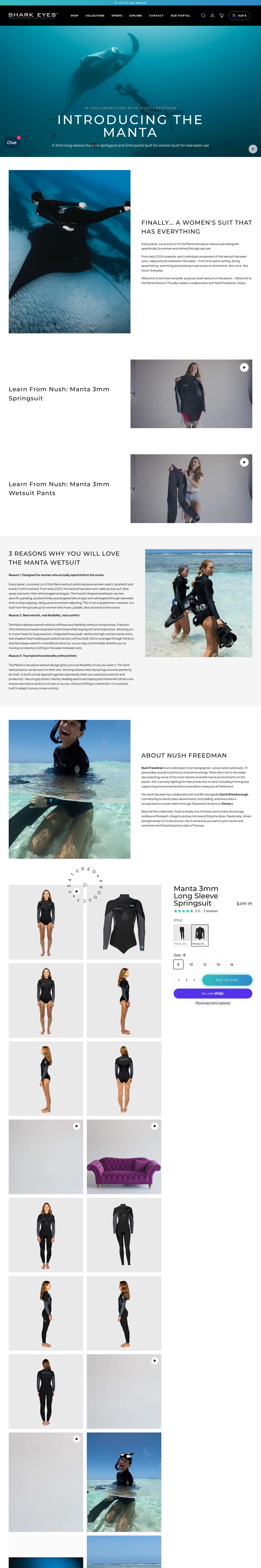 Live Shark Eyes Manta wetsuit landing page, showing the ocean hero, product story and featured product blocks