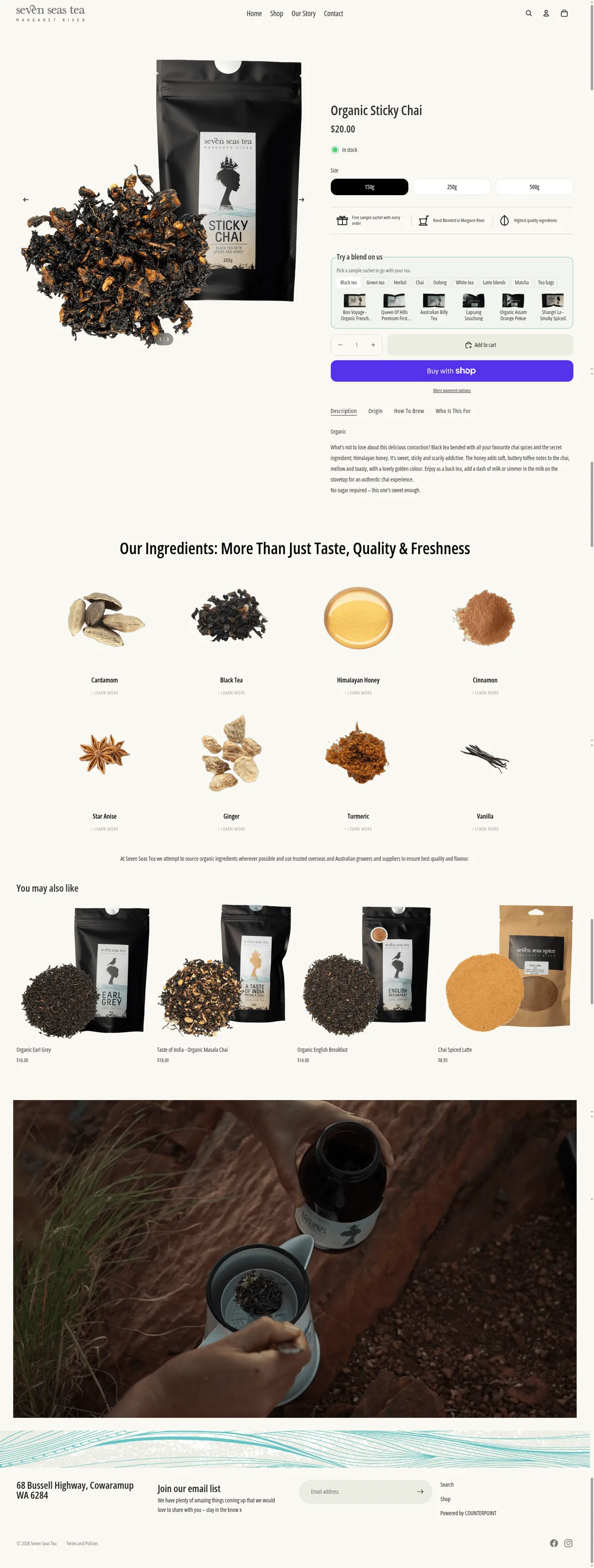 Live Seven Seas Tea product page for Organic Sticky Chai, showing the lady head pouch, reviews, size options, the free sample picker and the ingredient blocks