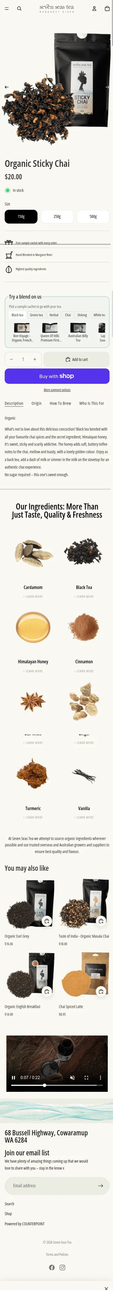 Seven Seas Tea Organic Sticky Chai product page on mobile