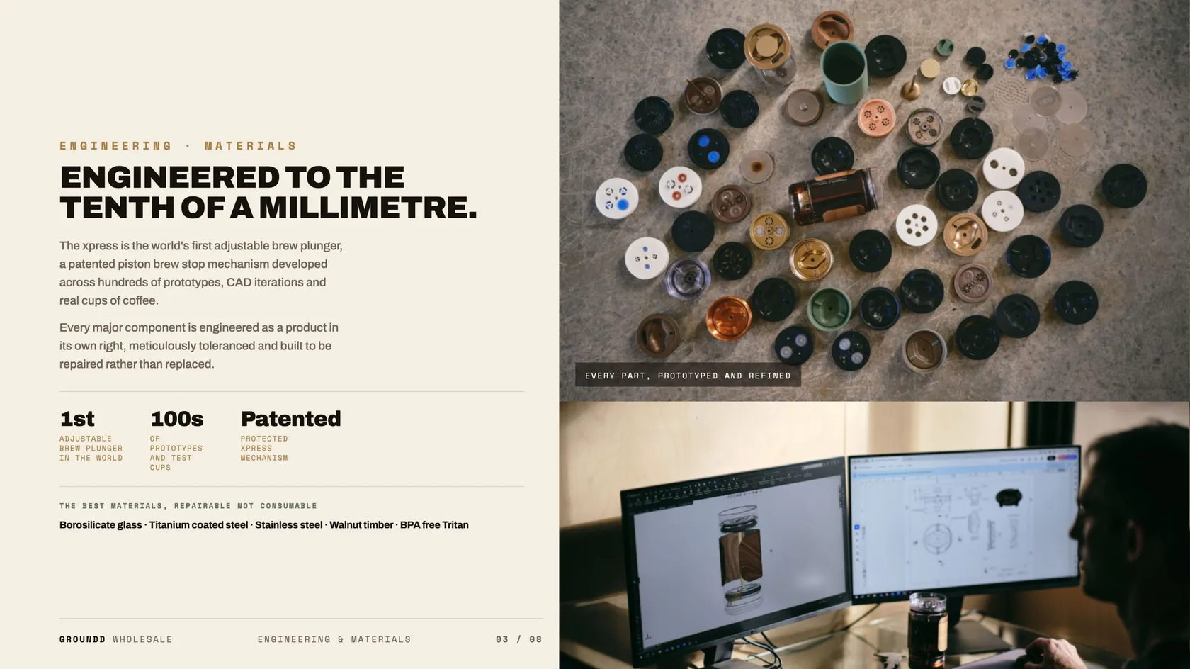 GROUNDD wholesale prospectus, product engineering page detailing the precision brew press